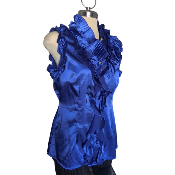 Antilia Femme Royal Blue Satin Designer Ruffle Blouse Size L - Picture 14 of 16